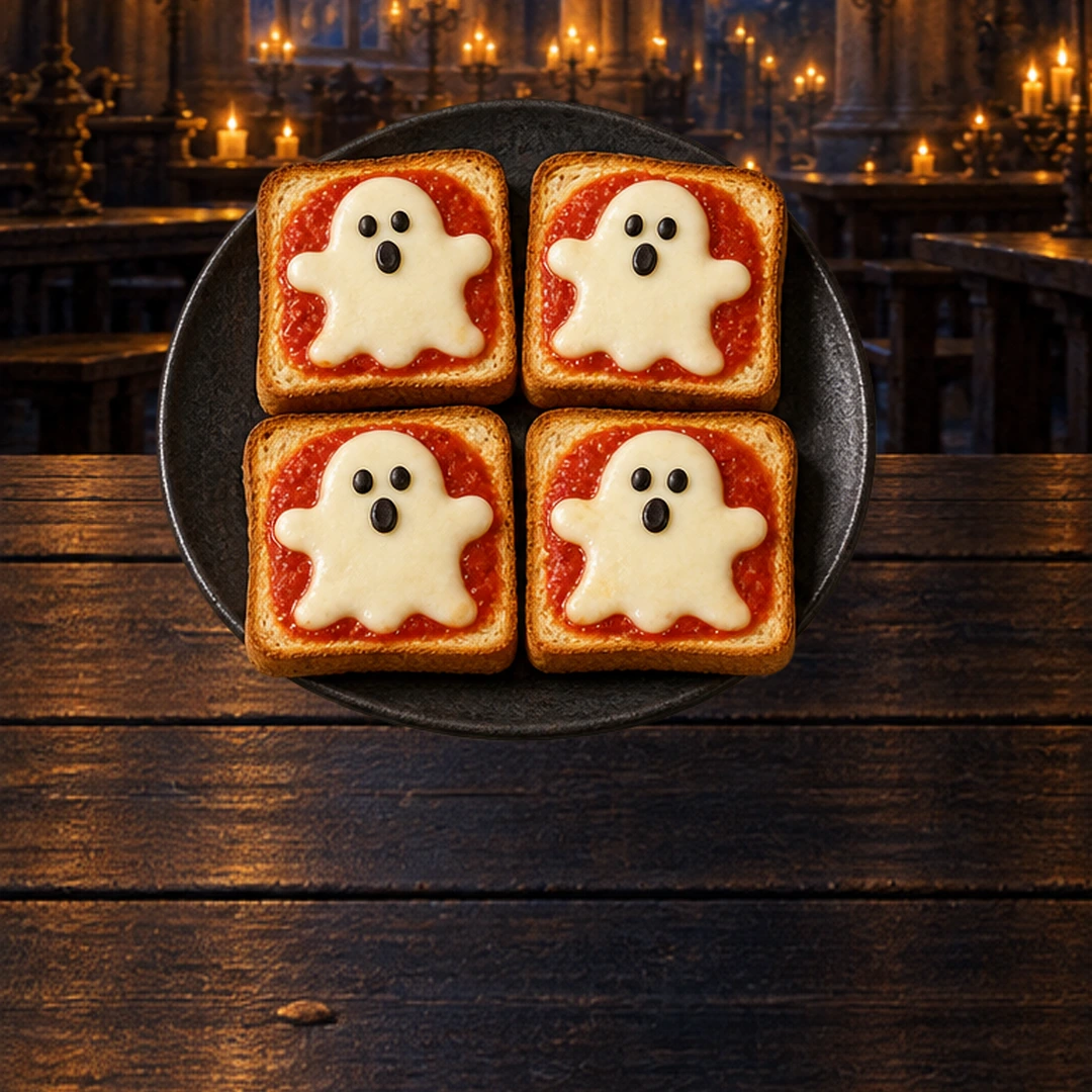 Ghost Cheese Toast in an illustrated Halloween setting.