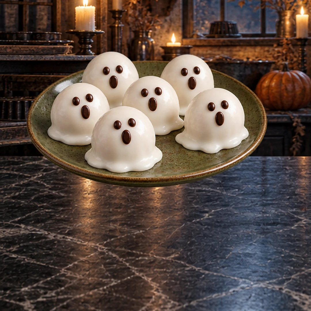 Ghost Donut Holes in an illustrated Halloween setting.