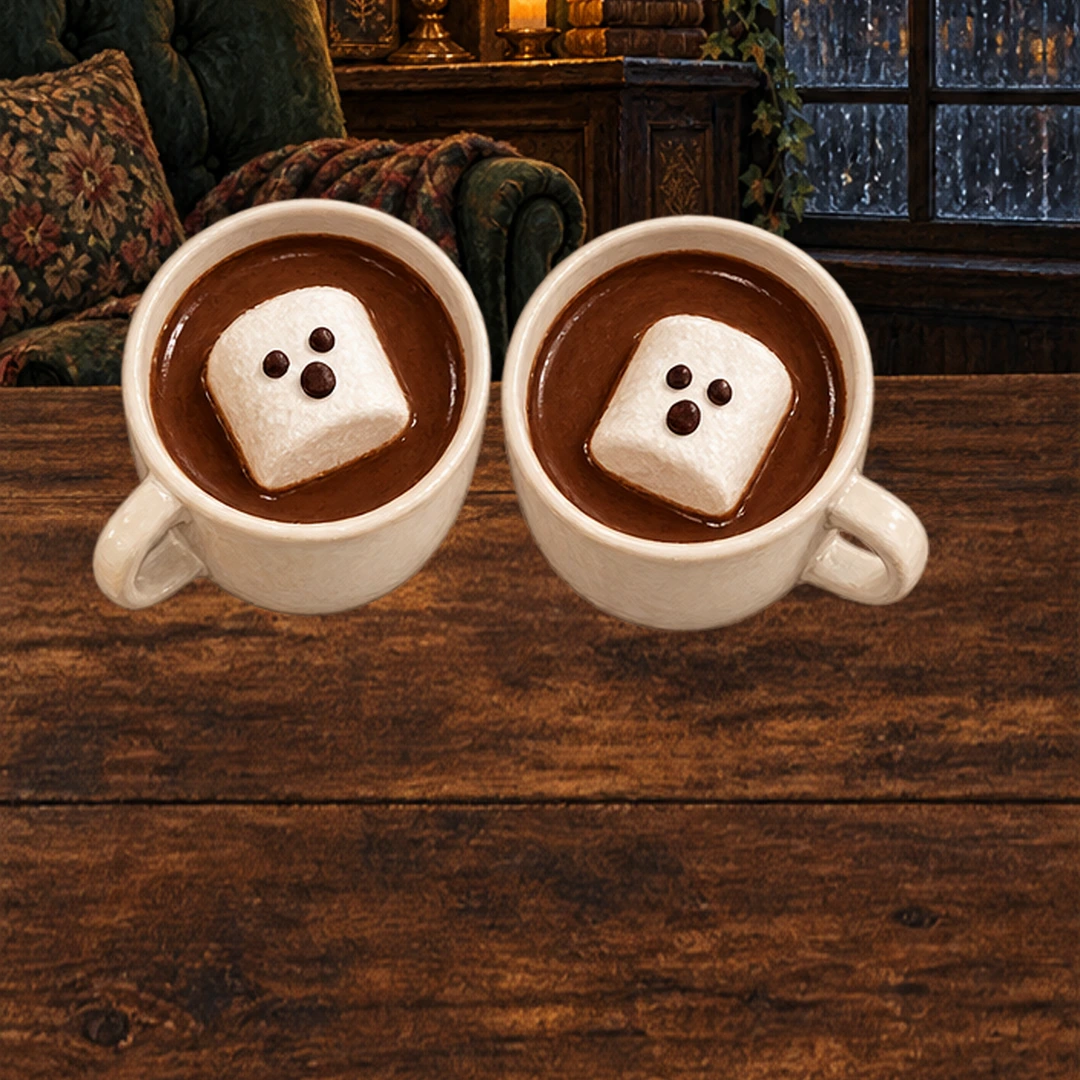 Ghost Hot Chocolate in an illustrated Halloween setting.