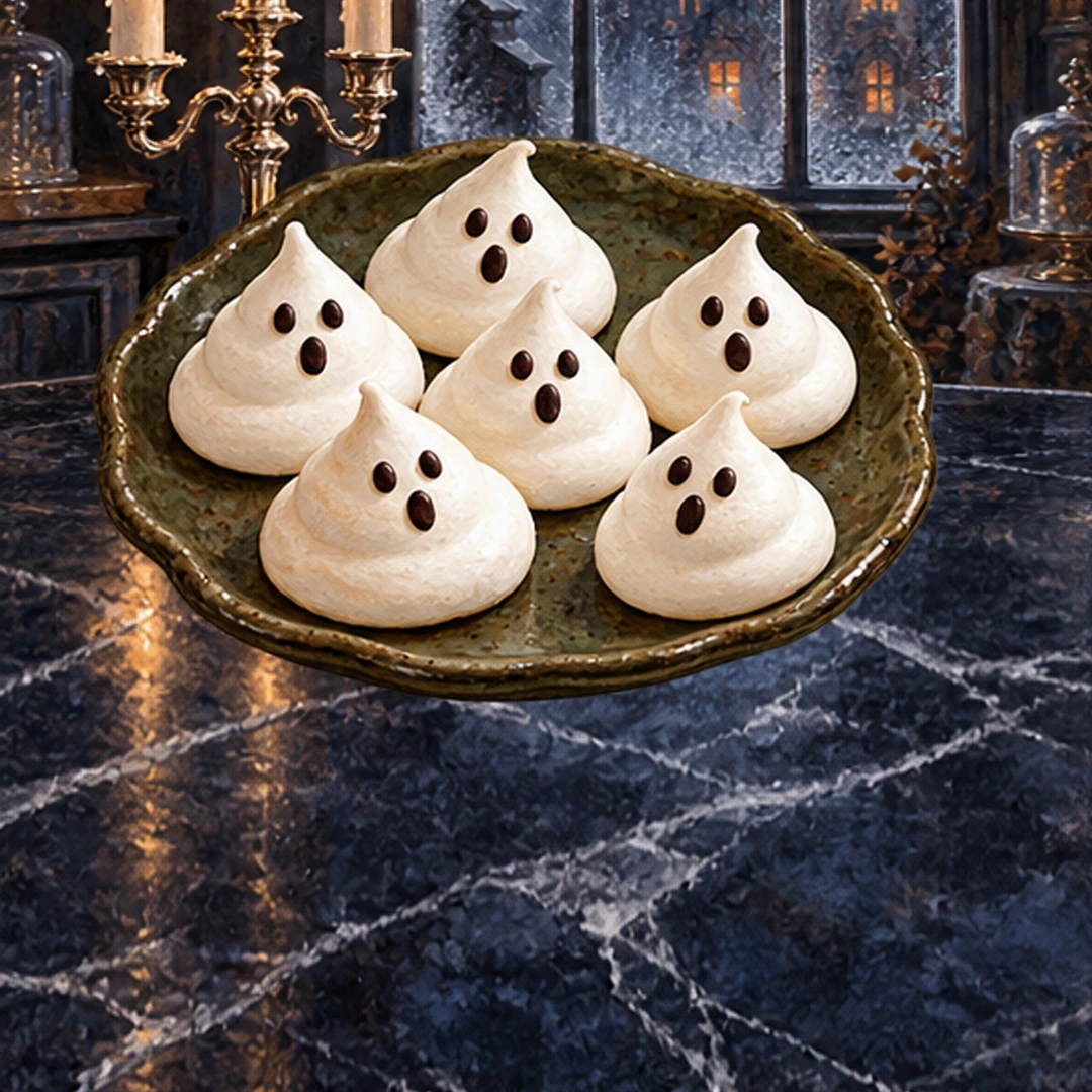 Ghost Meringues in an illustrated Halloween setting.