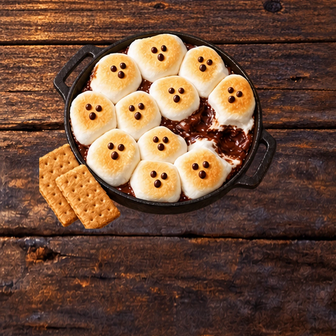 Ghost S’mores Dip in an illustrated Halloween setting.