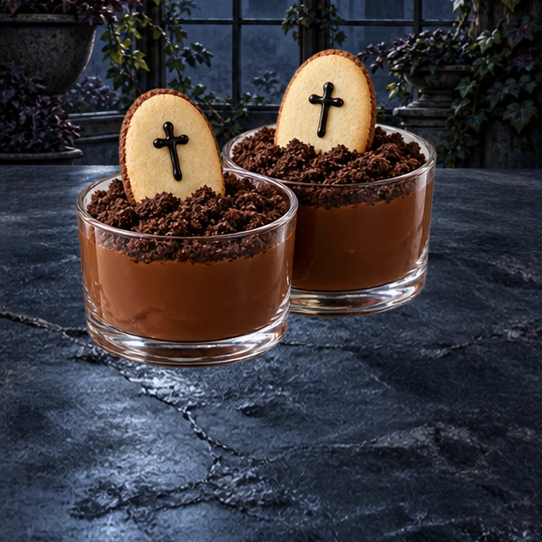 Graveyard Pudding Cups in an illustrated Halloween setting.