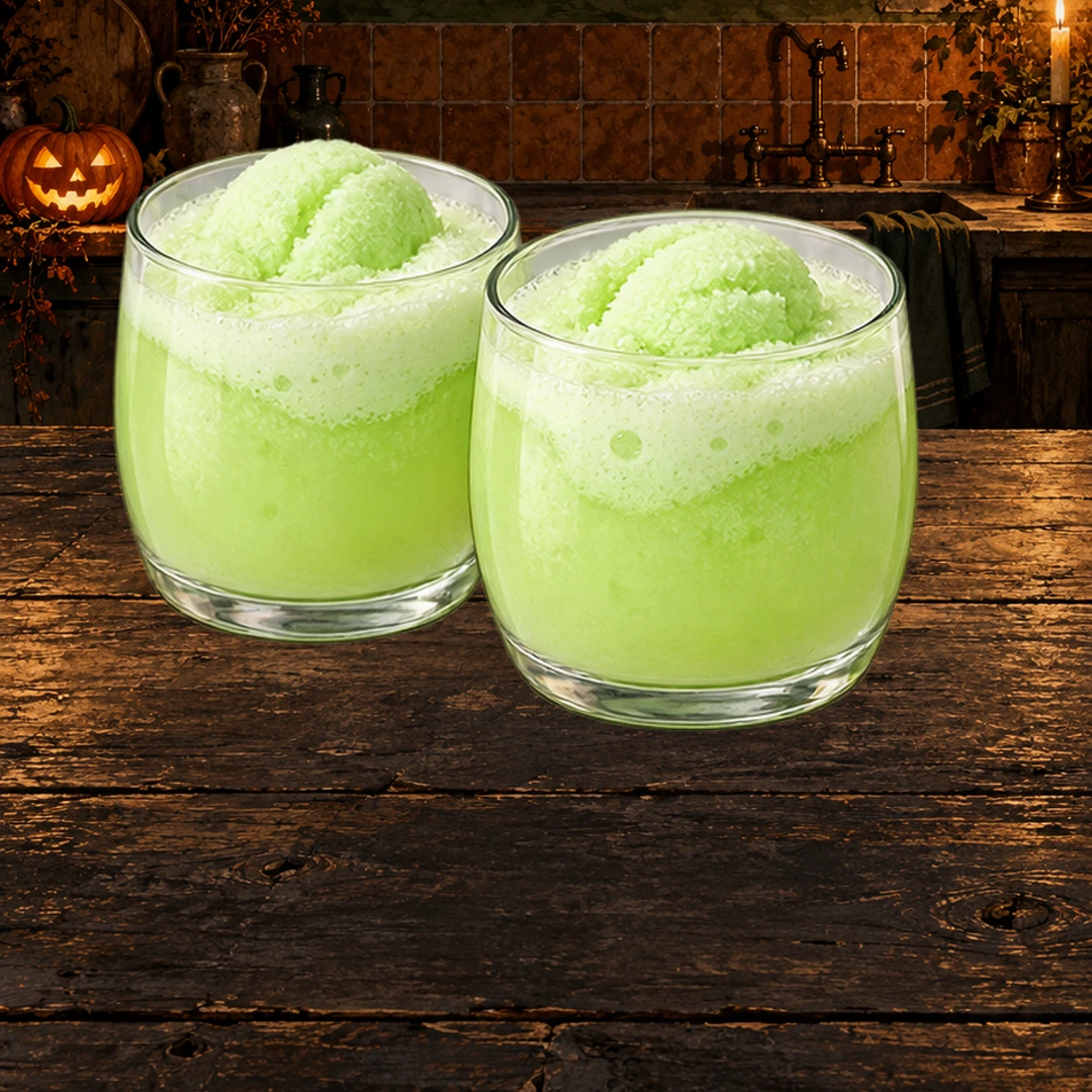Green Witches’ Brew Punch illustrated in a moonlit Halloween kitchen.