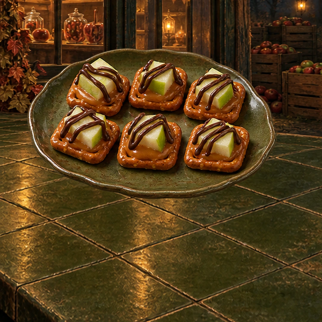 Haunted Caramel Apple Pretzel Bites in an illustrated Halloween setting.