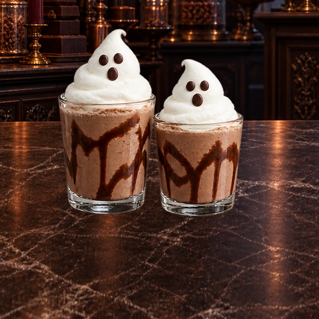 Haunted Chocolate Milkshakes in an illustrated Halloween setting.