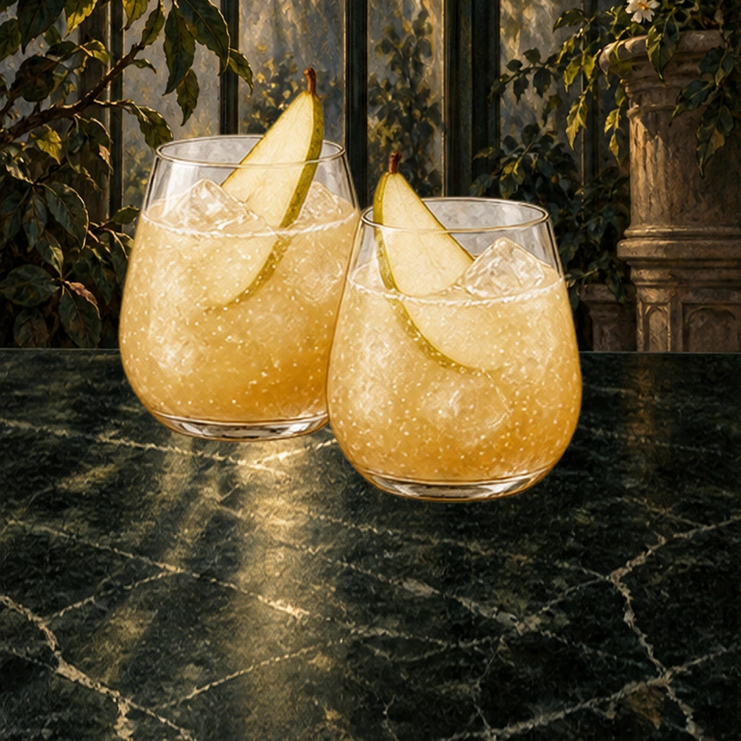 Haunted Pear Ginger Spritz in an illustrated Halloween setting.