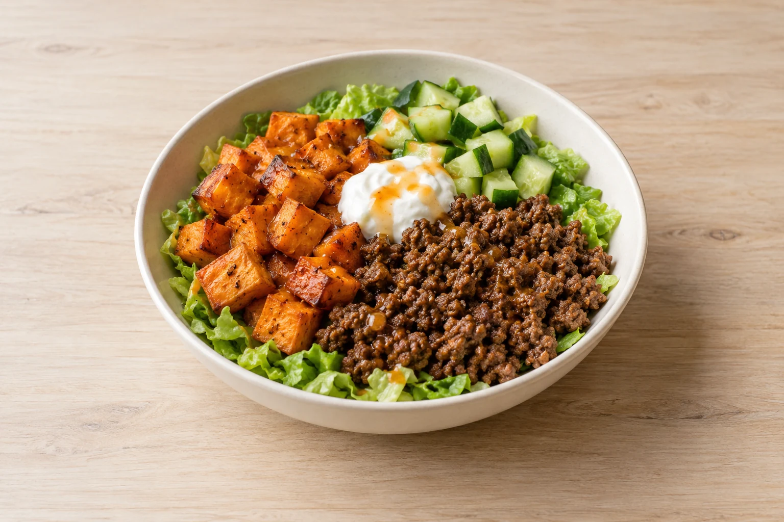 Ground beef and roasted sweet potatoes with cucumber, lettuce, yogurt and hot honey in a bowl.