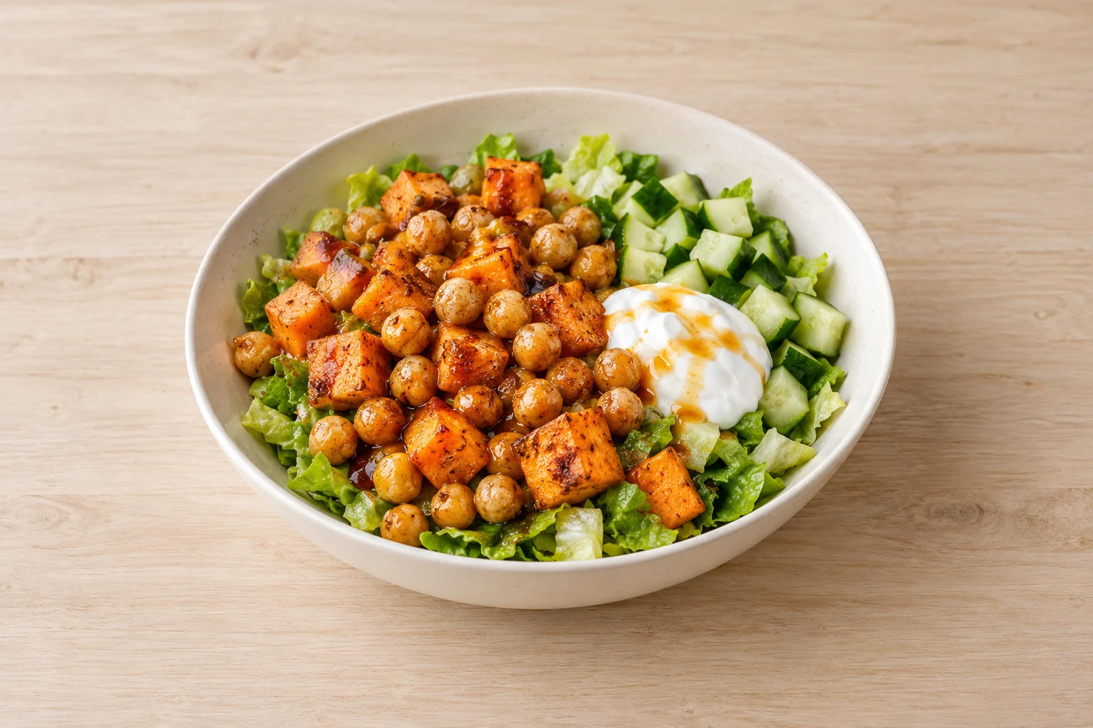 Roasted chickpeas and sweet potatoes with cucumber, lettuce, yogurt and hot honey in a bowl.
