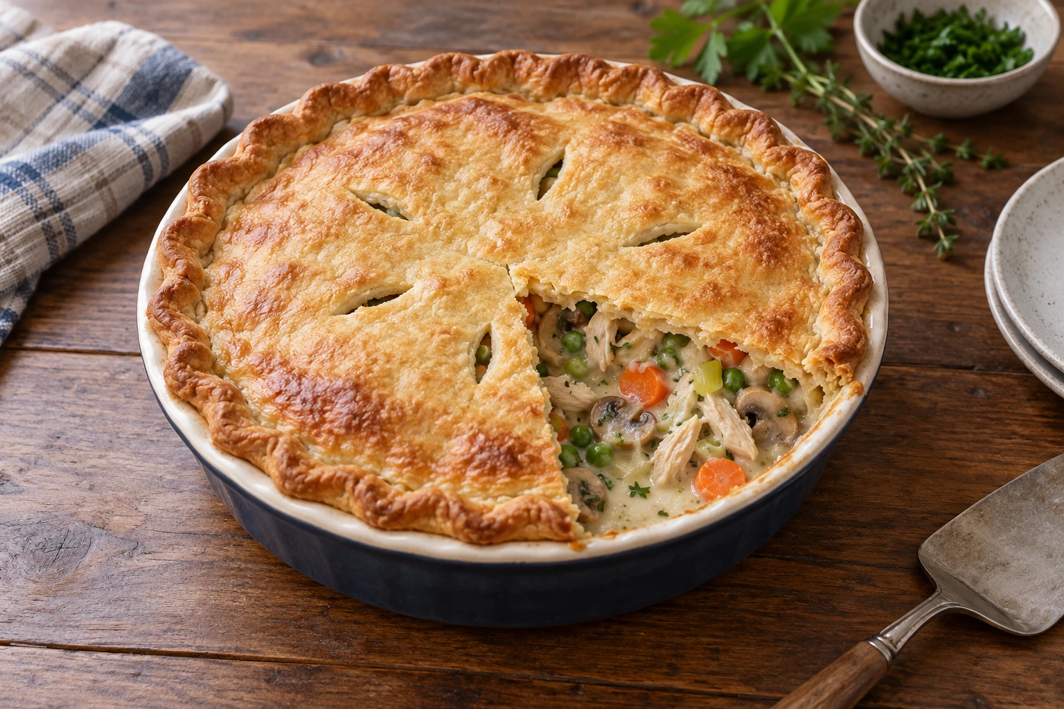 A double-crust chicken pot pie with thin carrots, leeks, mushrooms and peas in creamy filling.