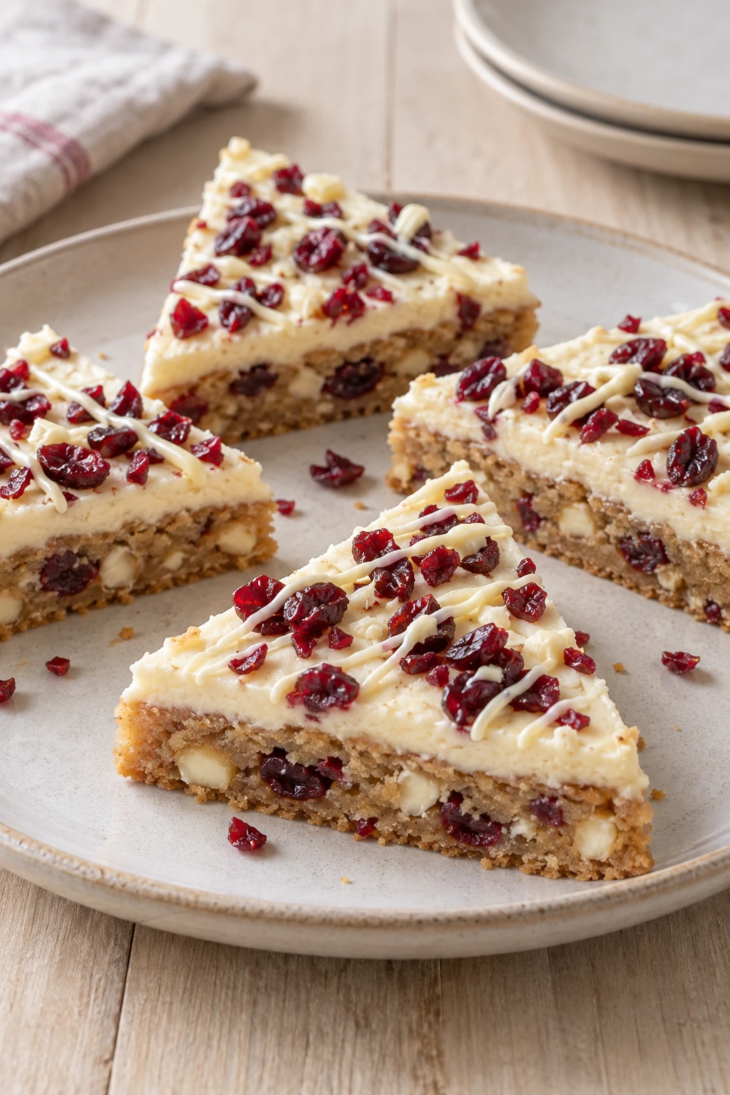 Triangular cranberry blondie bars with cream-cheese frosting, chopped cranberries and white chocolate drizzle.
