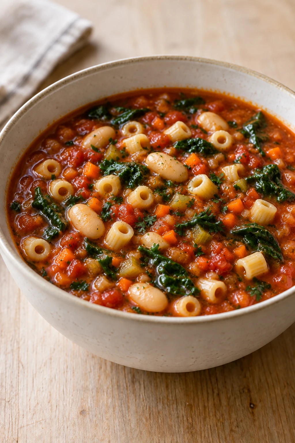 Tomato soup with ditalini, cannellini beans, diced vegetables, spinach and chopped herbs.