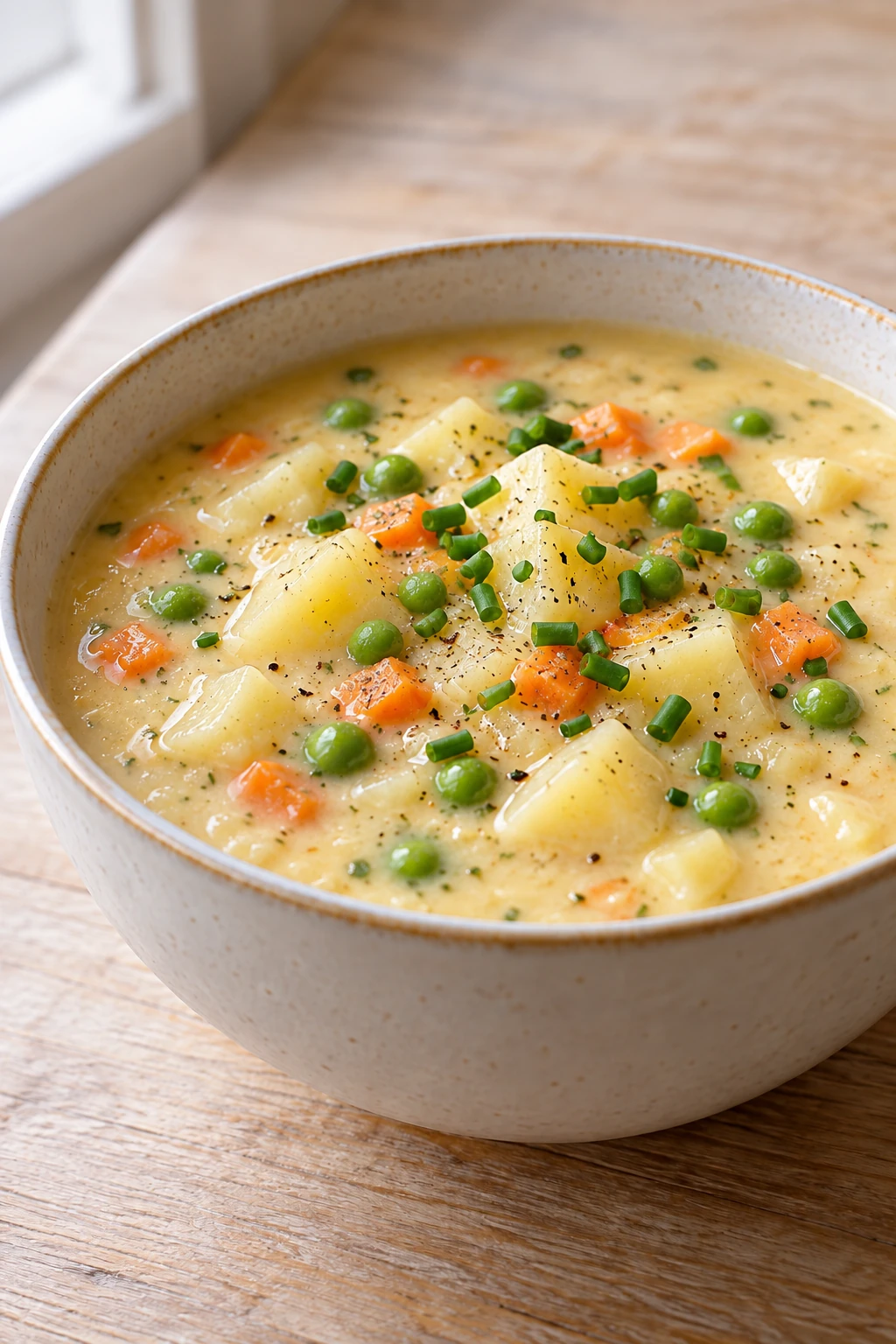 Creamy potato soup retains potato pieces with whole peas, carrot and chopped chives.