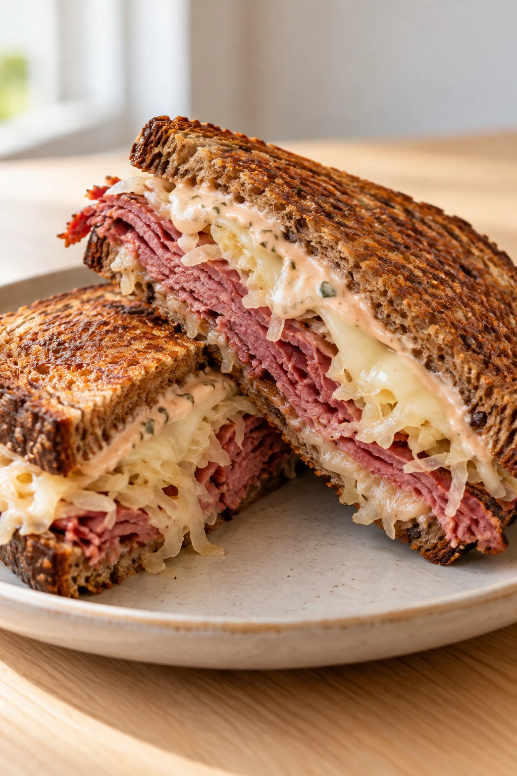 Two toasted Reuben sandwich halves with corned beef, sauerkraut, melted Swiss and creamy dill-pickle dressing.