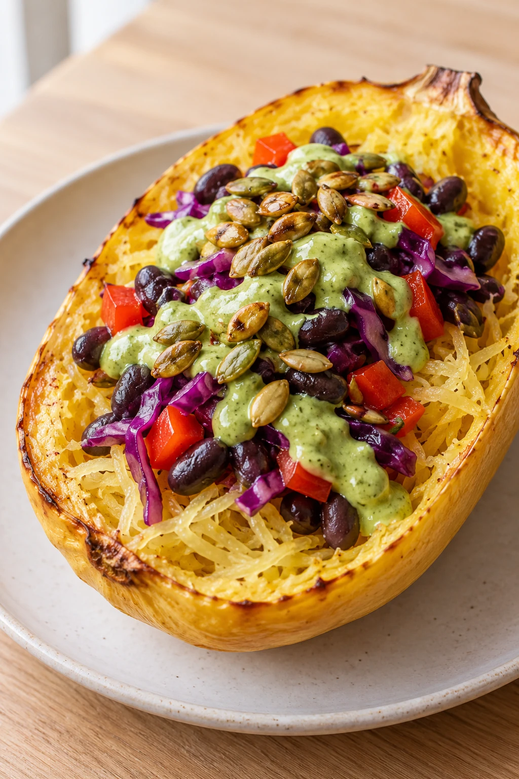 Roasted spaghetti squash topped with black beans, purple-cabbage slaw, green avocado sauce and toasted pepitas.