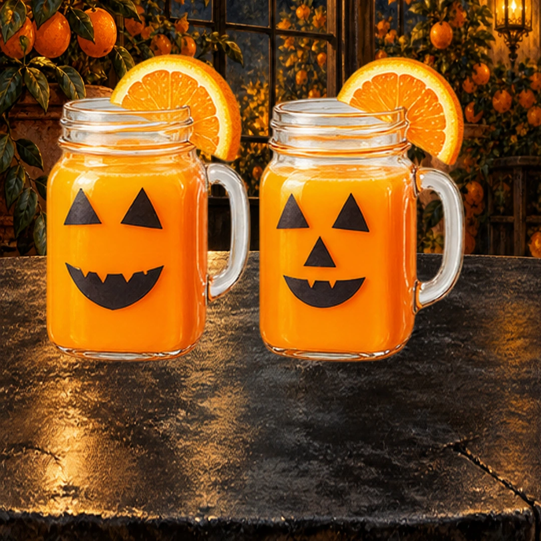 Jack-o’-Lantern Orange Punch in an illustrated Halloween setting.