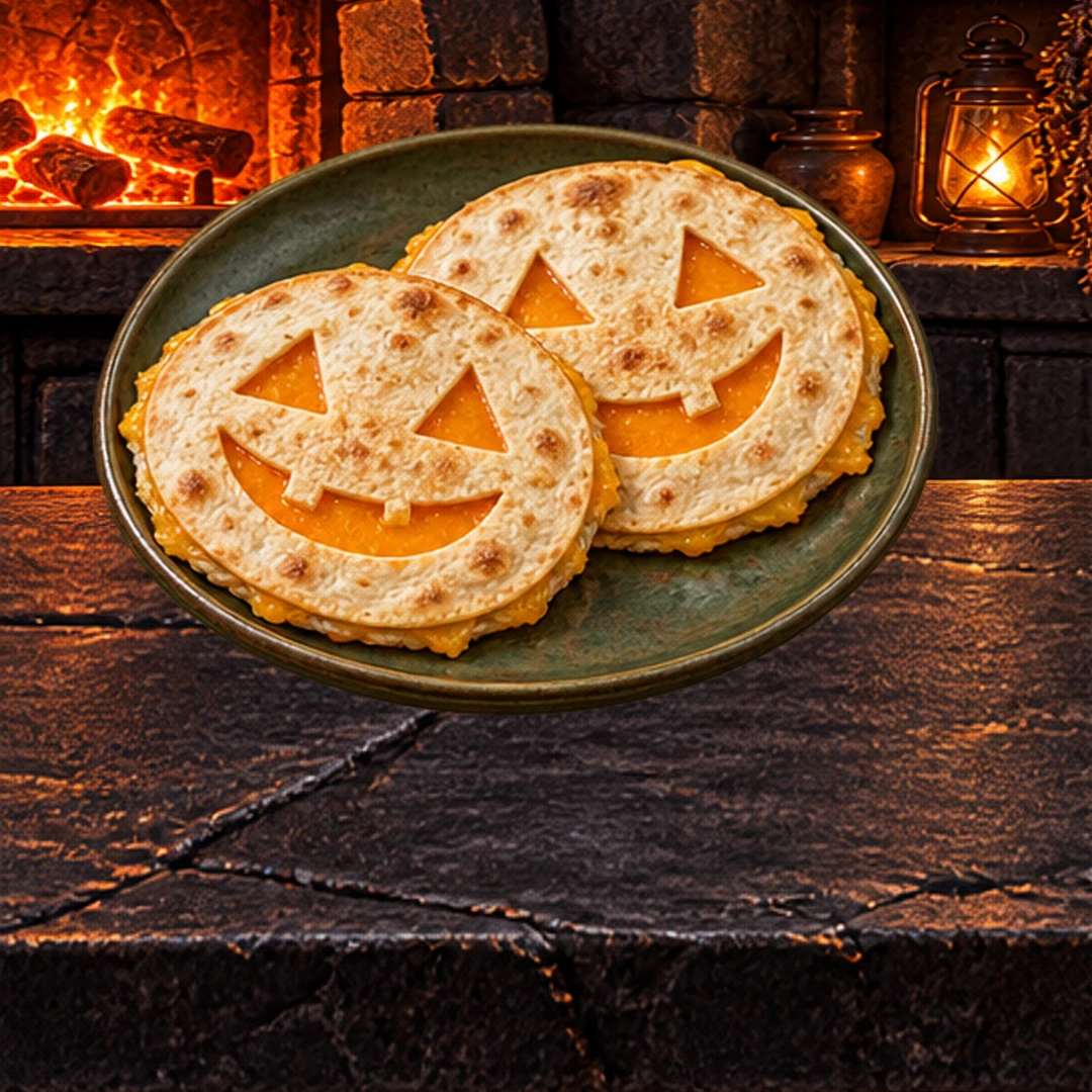 Jack-o’-Lantern Quesadillas in an illustrated Halloween setting.