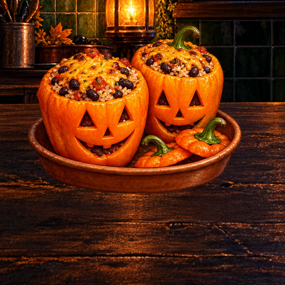 Jack-o’-Lantern Stuffed Peppers in an illustrated Halloween setting.