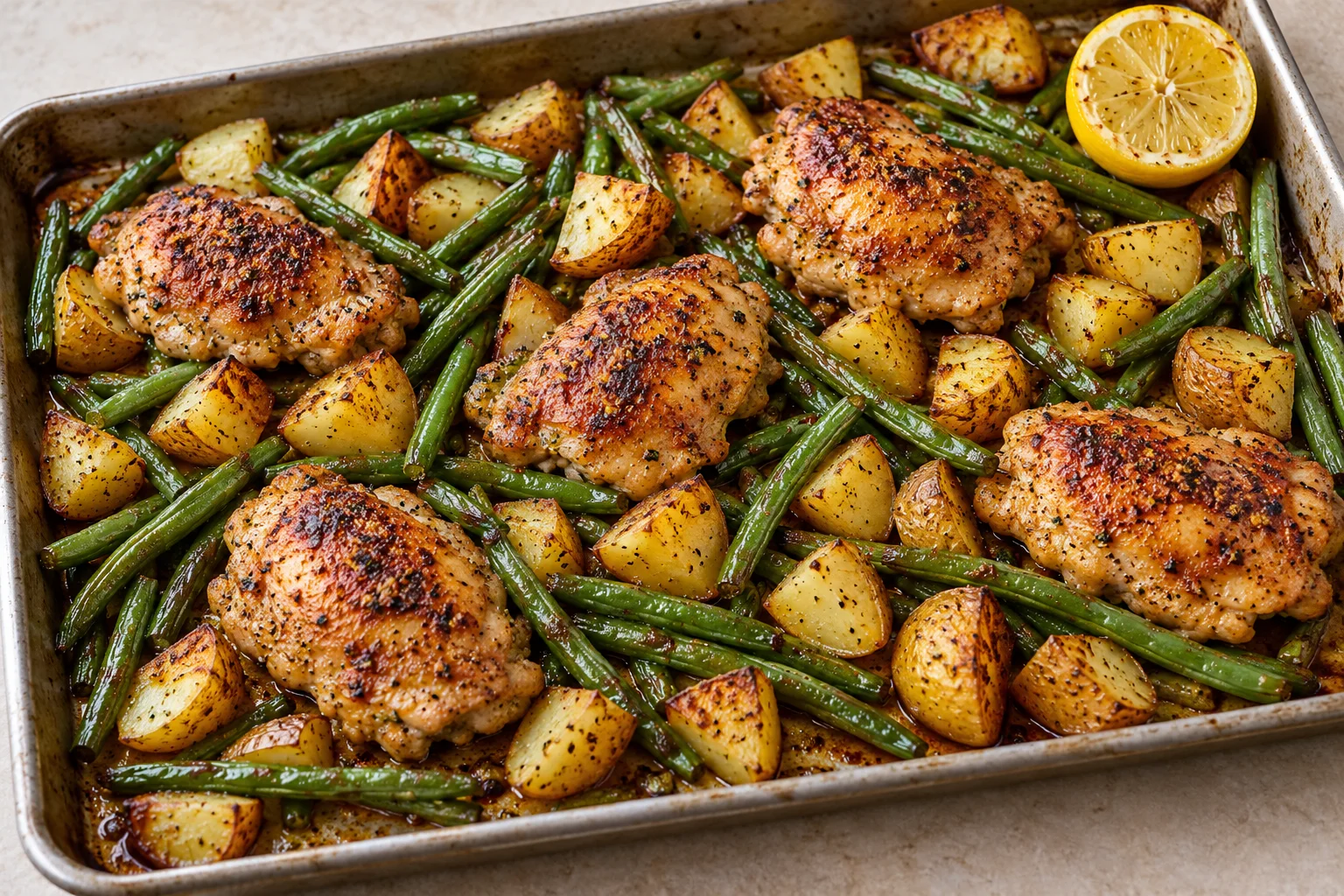 Roasted boneless chicken thighs, potatoes and green beans on a tray with lemon