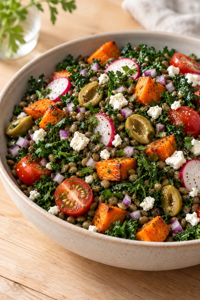 Lentil salad with roasted carrots and feta