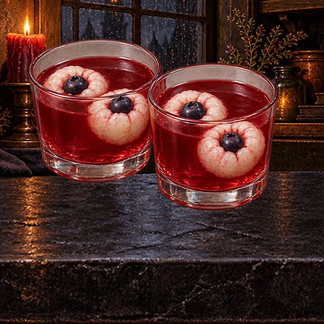 Lychee Eyeball Punch in an illustrated Halloween setting.
