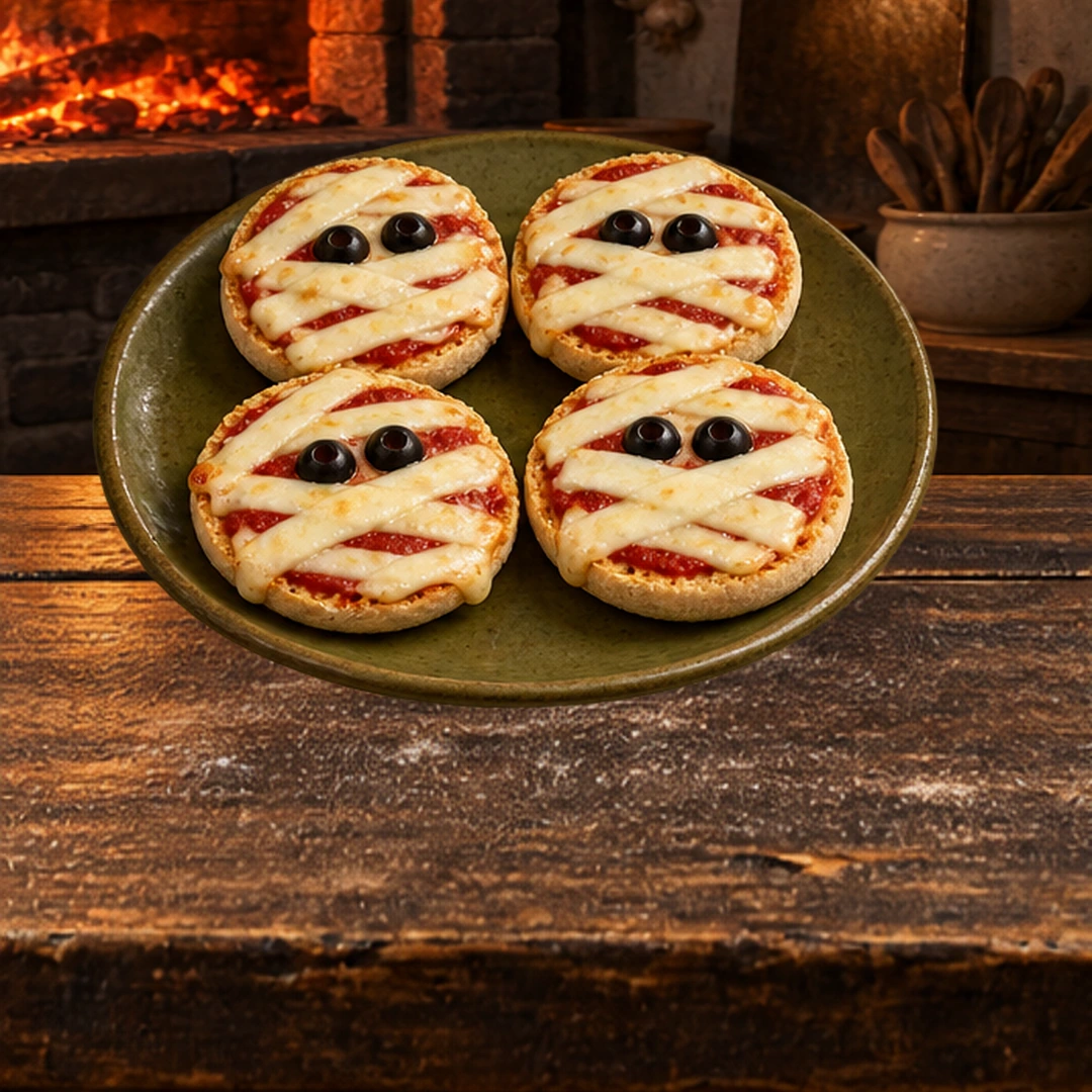 Mini Mummy Pizzas in an illustrated Halloween setting.