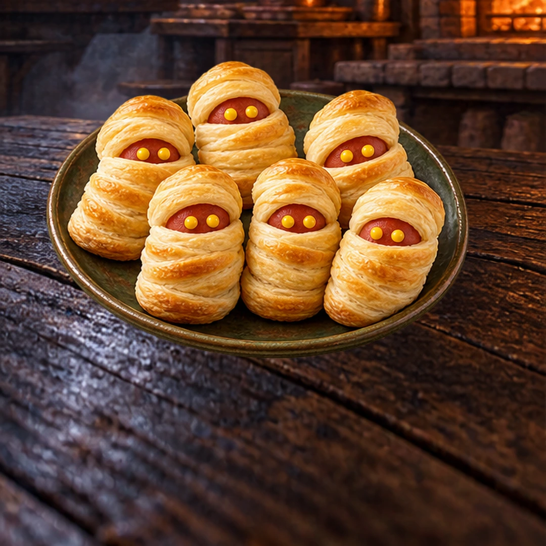 Mini Mummy Sausage Bites in an illustrated Halloween setting.