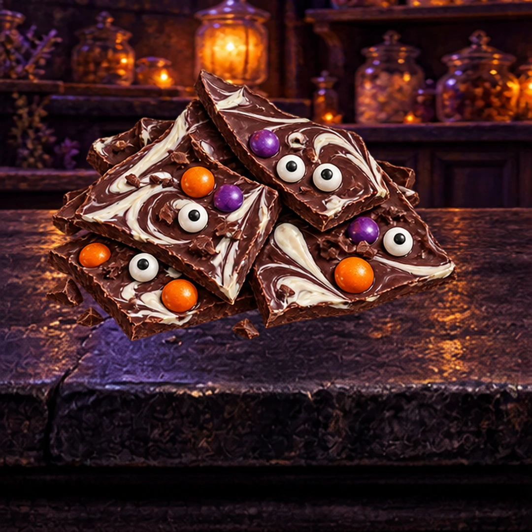 Monster Chocolate Bark in an illustrated Halloween setting.