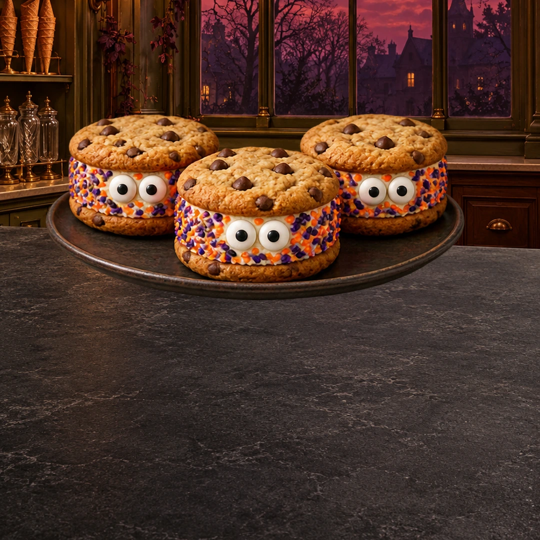 Monster Cookie Ice Cream Sandwiches in an illustrated Halloween setting.