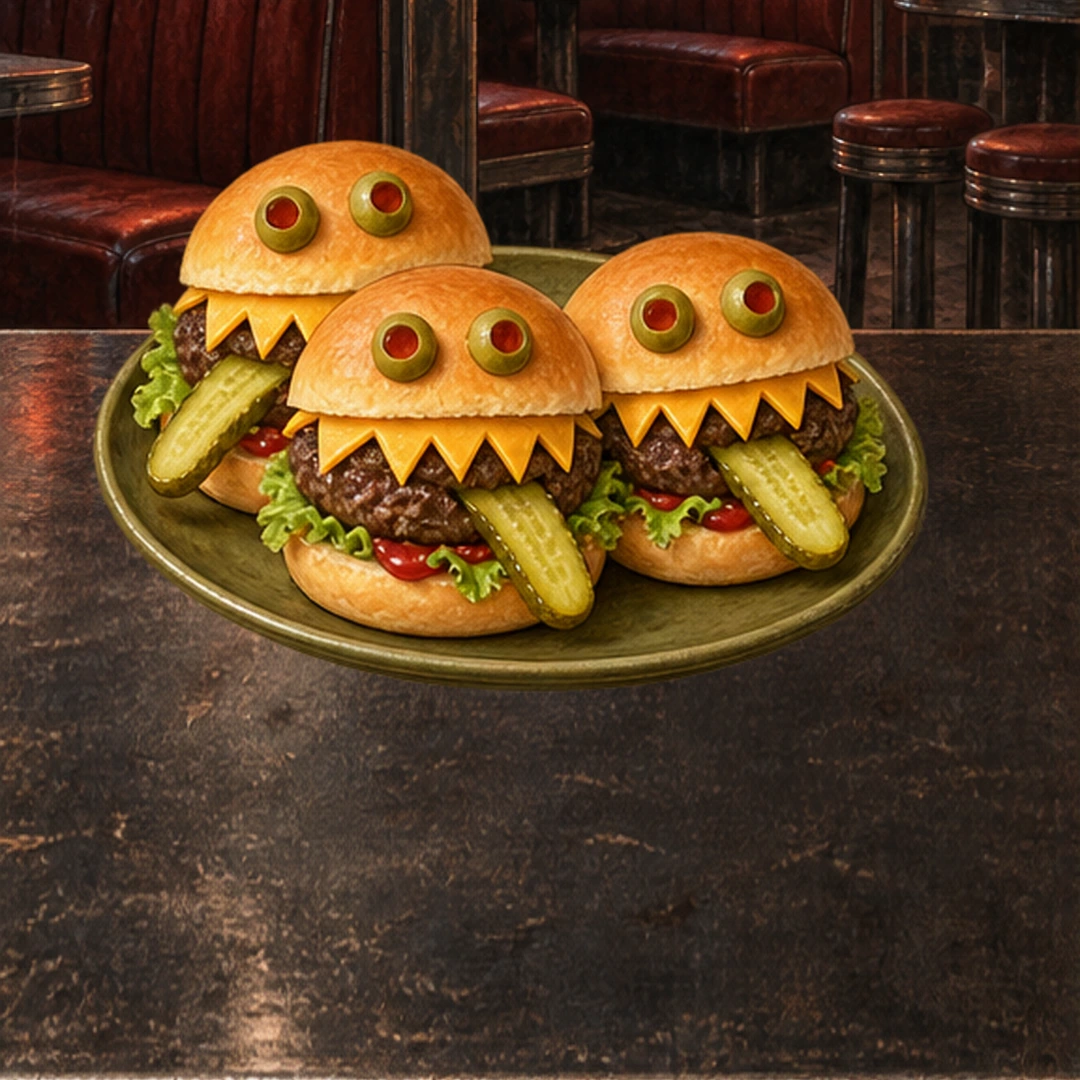 Monster Mini Burgers in an illustrated Halloween setting.