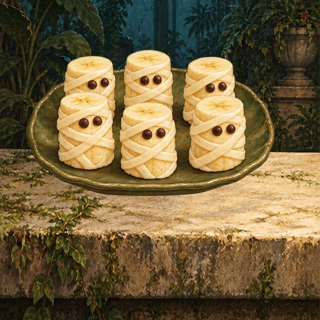 Mummy Banana Bites in an illustrated Halloween setting.