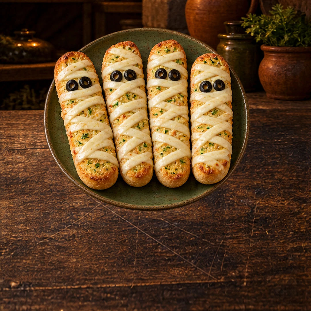 Mummy Garlic Breadsticks in an illustrated Halloween setting.