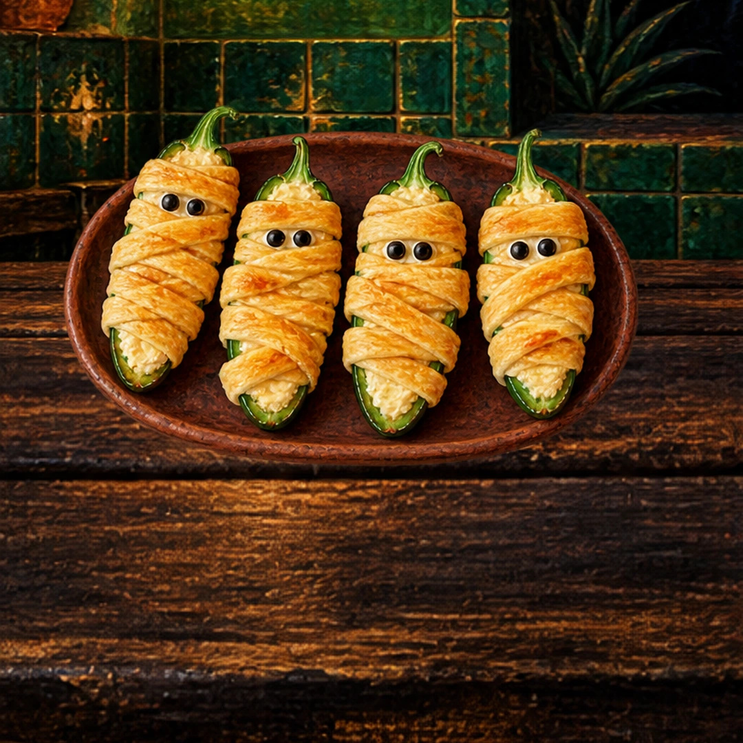 Mummy Jalapeño Poppers in an illustrated Halloween setting.