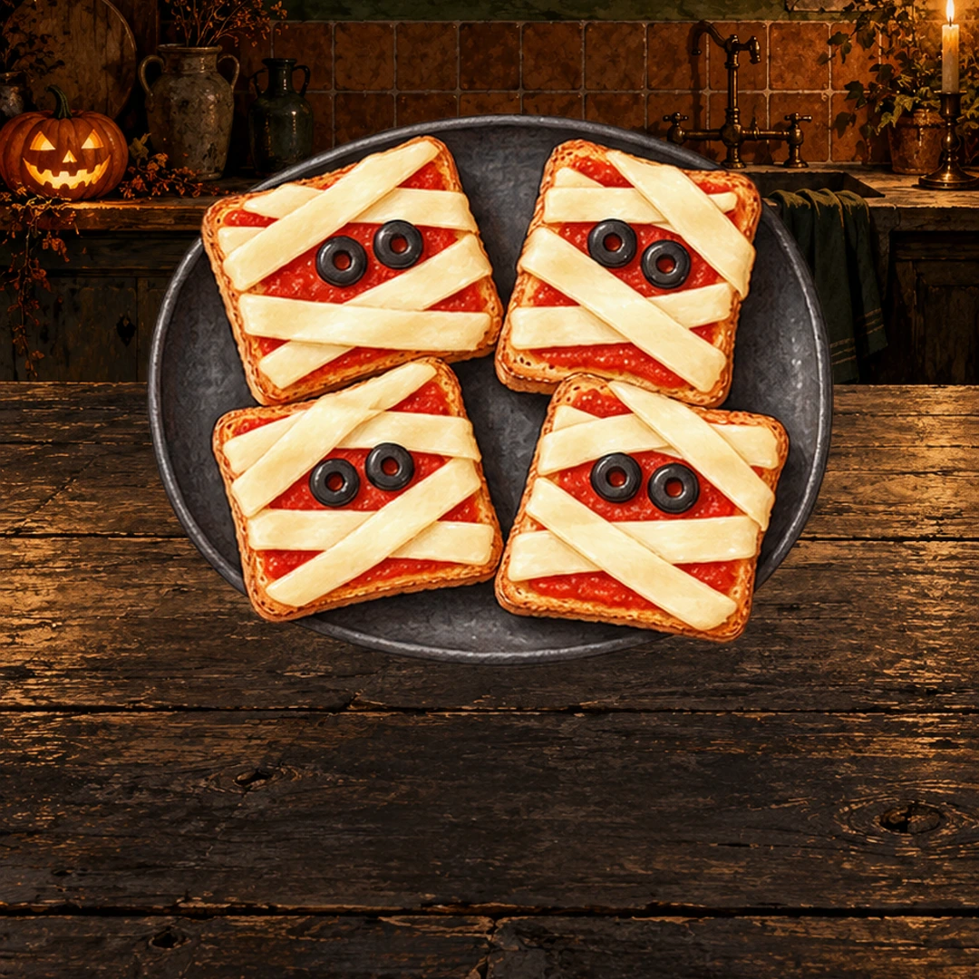 Mummy Pizza Toasts illustrated on a dark platter in a moonlit Halloween kitchen.