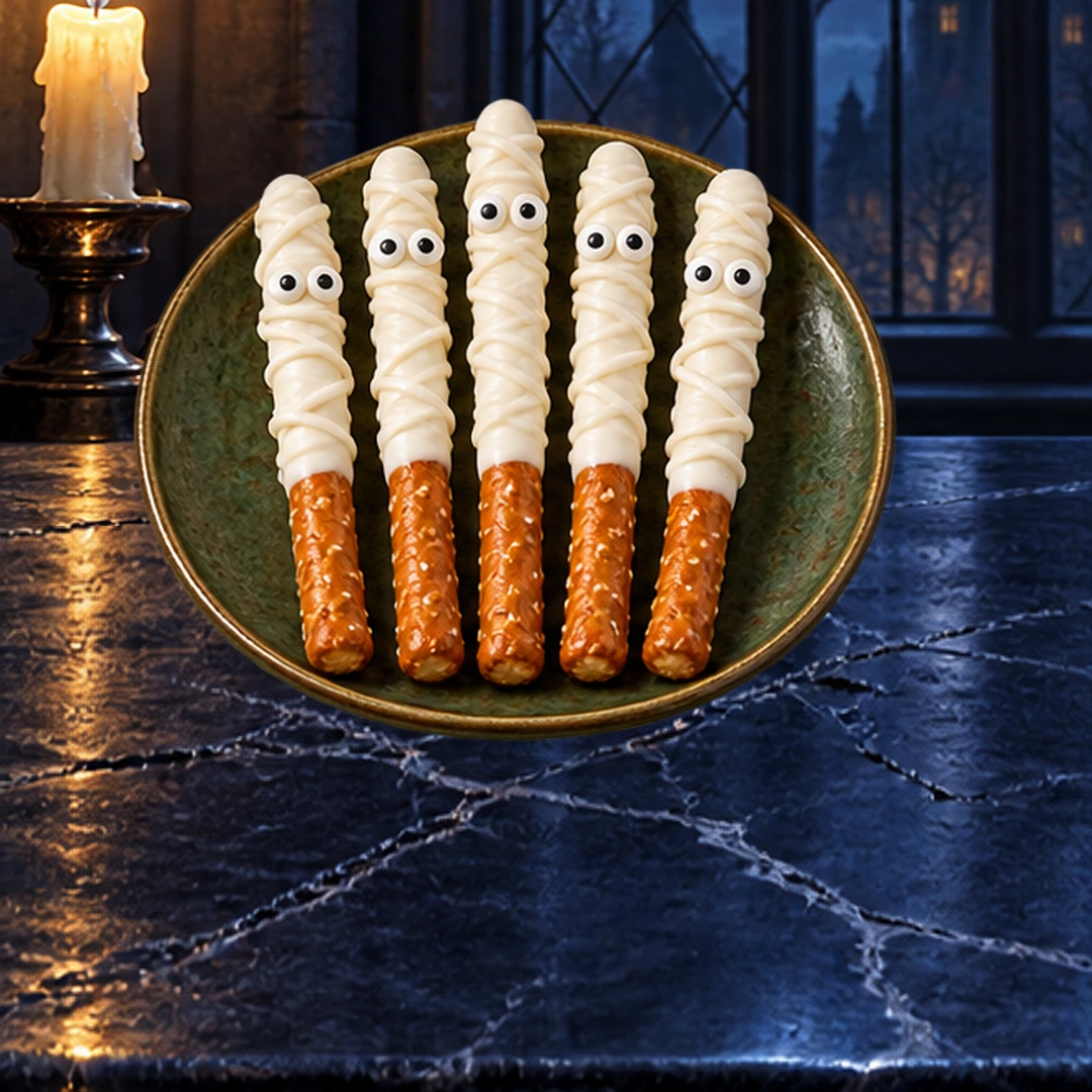 Mummy Pretzel Rods in an illustrated Halloween setting.