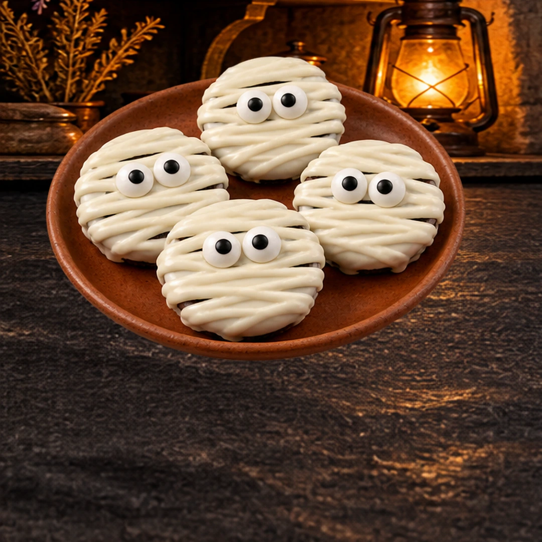 Mummy Sandwich Cookies in an illustrated Halloween setting.