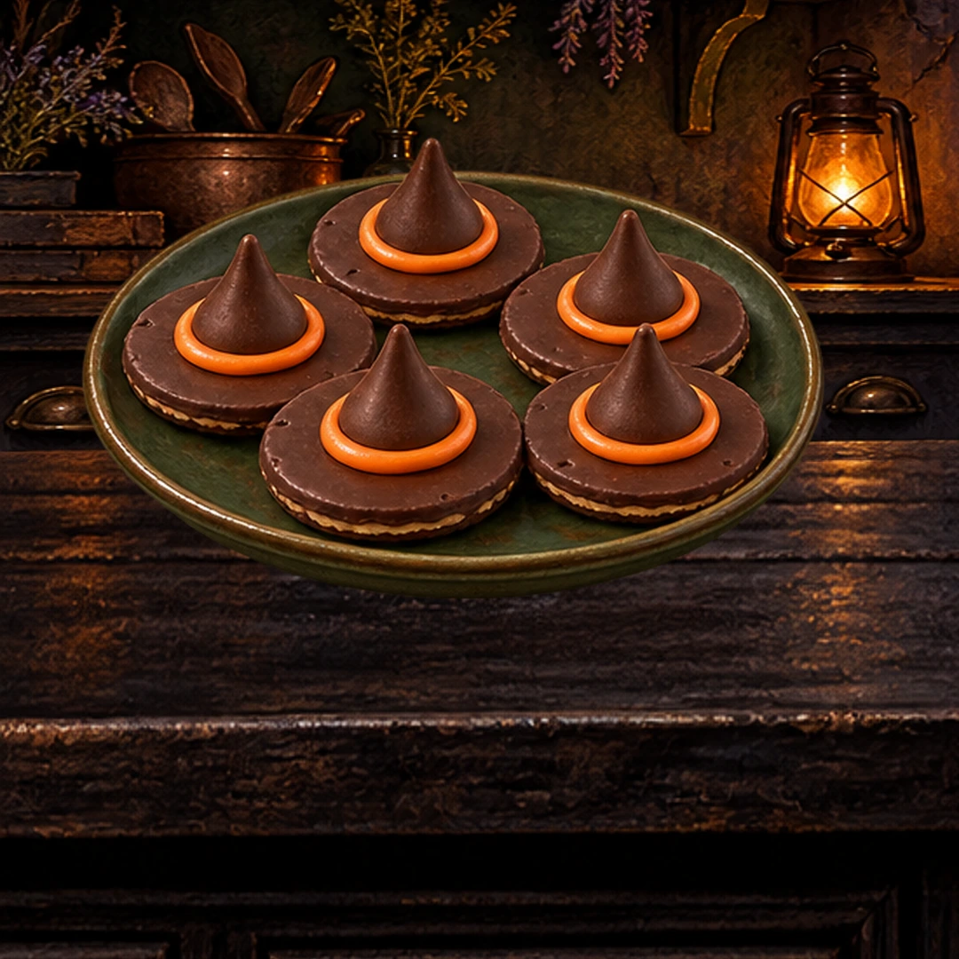 No-Bake Witch Hat Cookies in an illustrated Halloween setting.