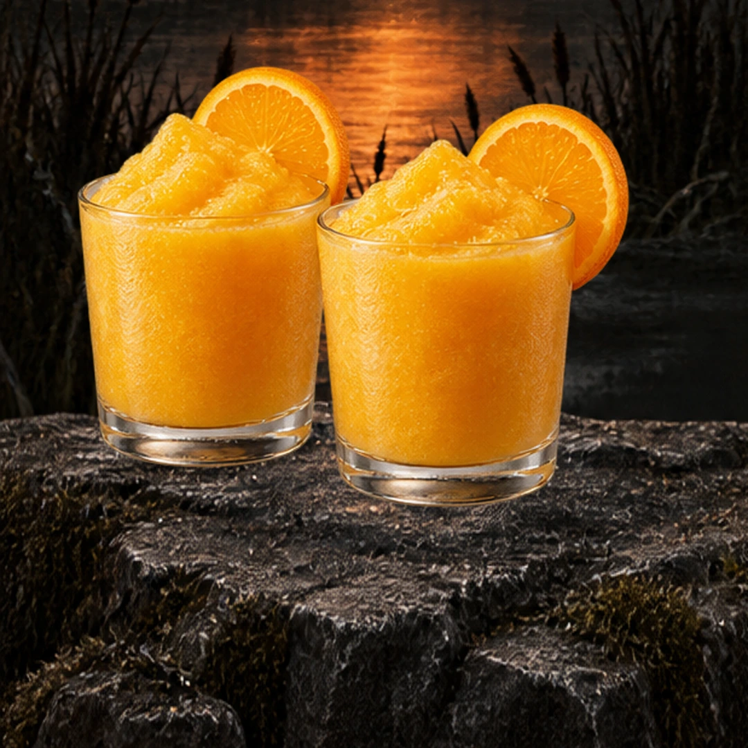 Orange Mango Monster Slush in an illustrated Halloween setting.