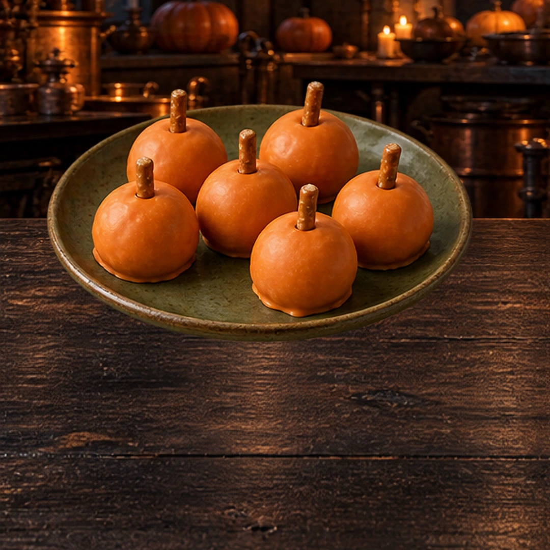 Peanut Butter Pumpkin Truffles in an illustrated Halloween setting.