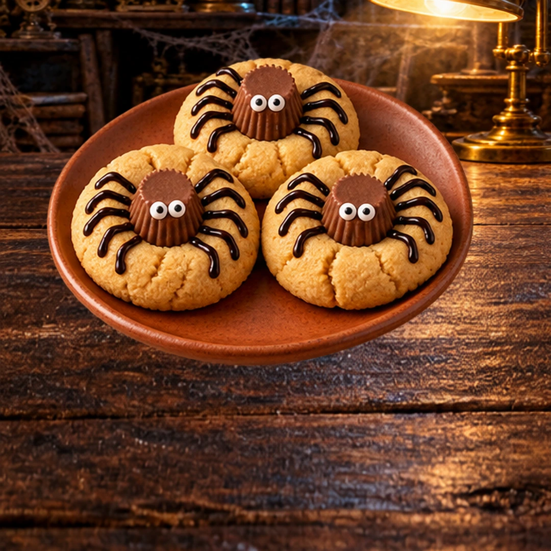 Peanut Butter Spider Cookies in an illustrated Halloween setting.