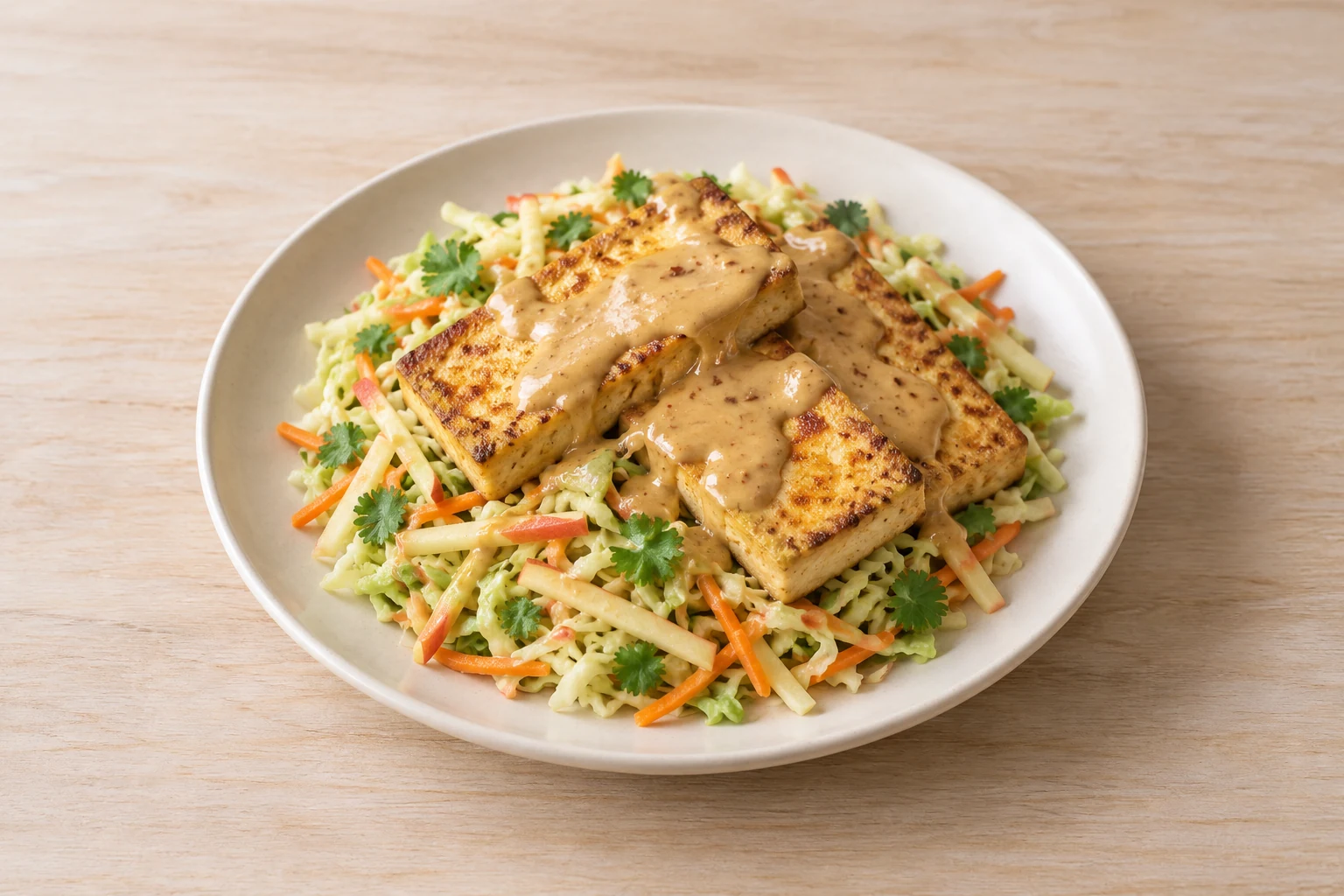 Golden tofu slabs with peanut sauce over apple, carrot and cabbage slaw.