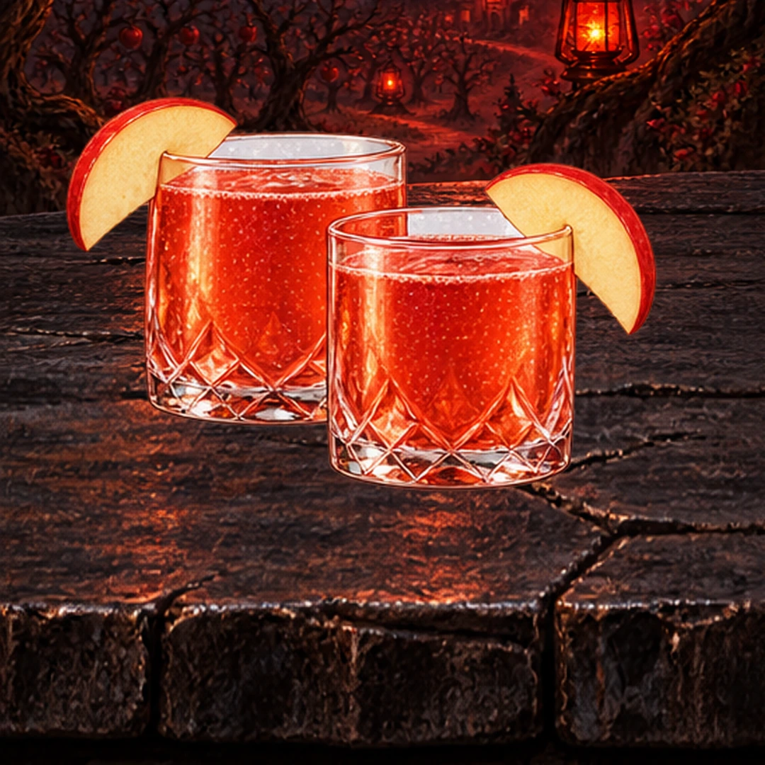 Poison Apple Ginger Spritz in an illustrated Halloween setting.