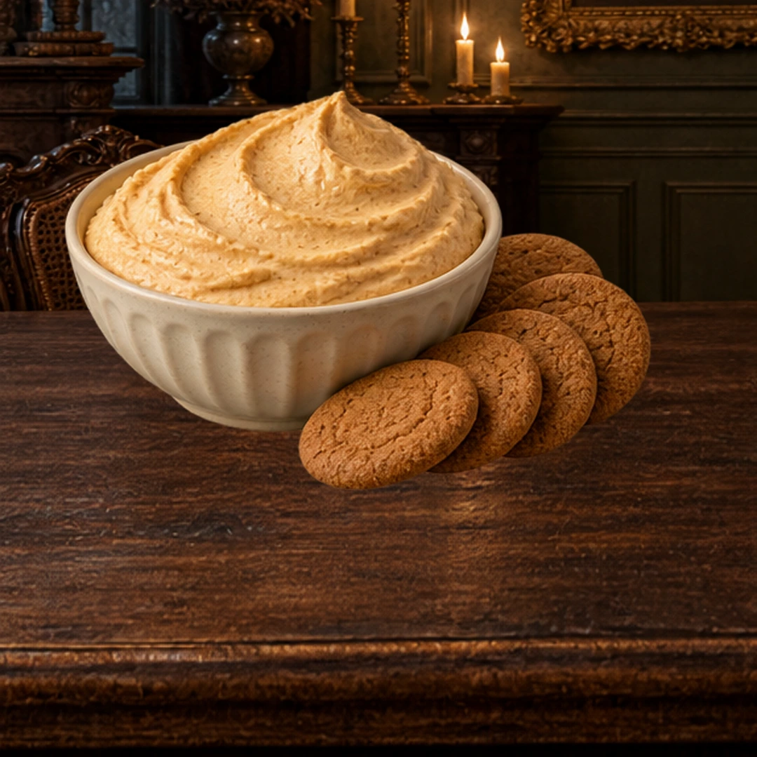 Pumpkin Cheesecake Dip in an illustrated Halloween setting.