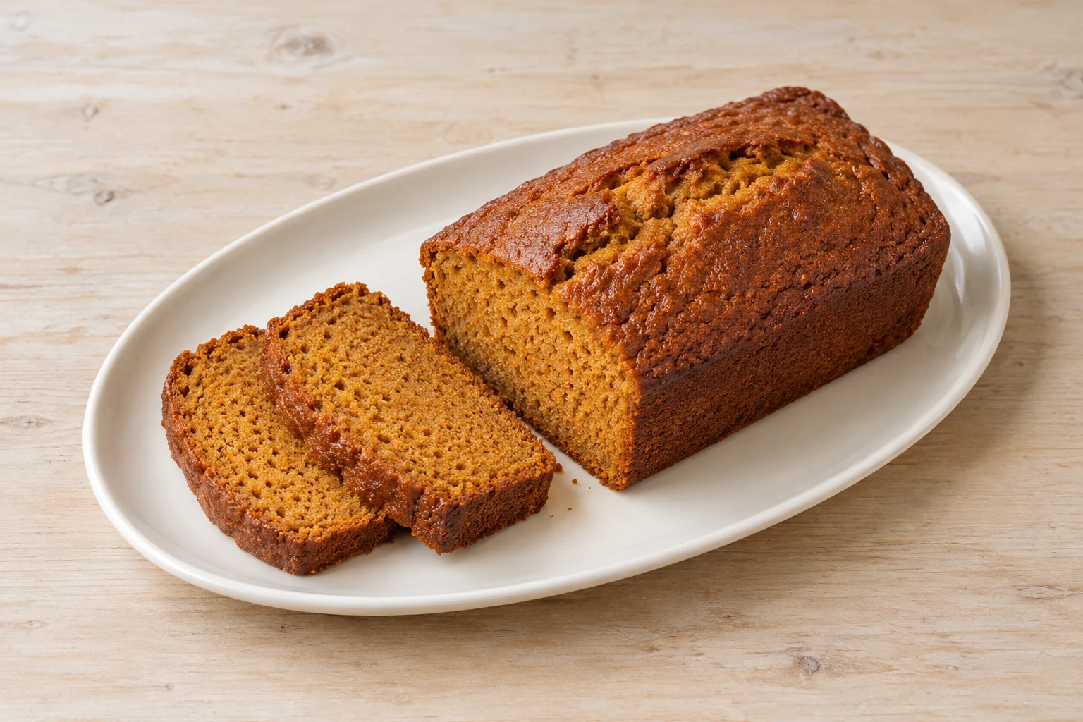 A plain pumpkin loaf with two slices showing its orange-brown crumb on an oval platter.