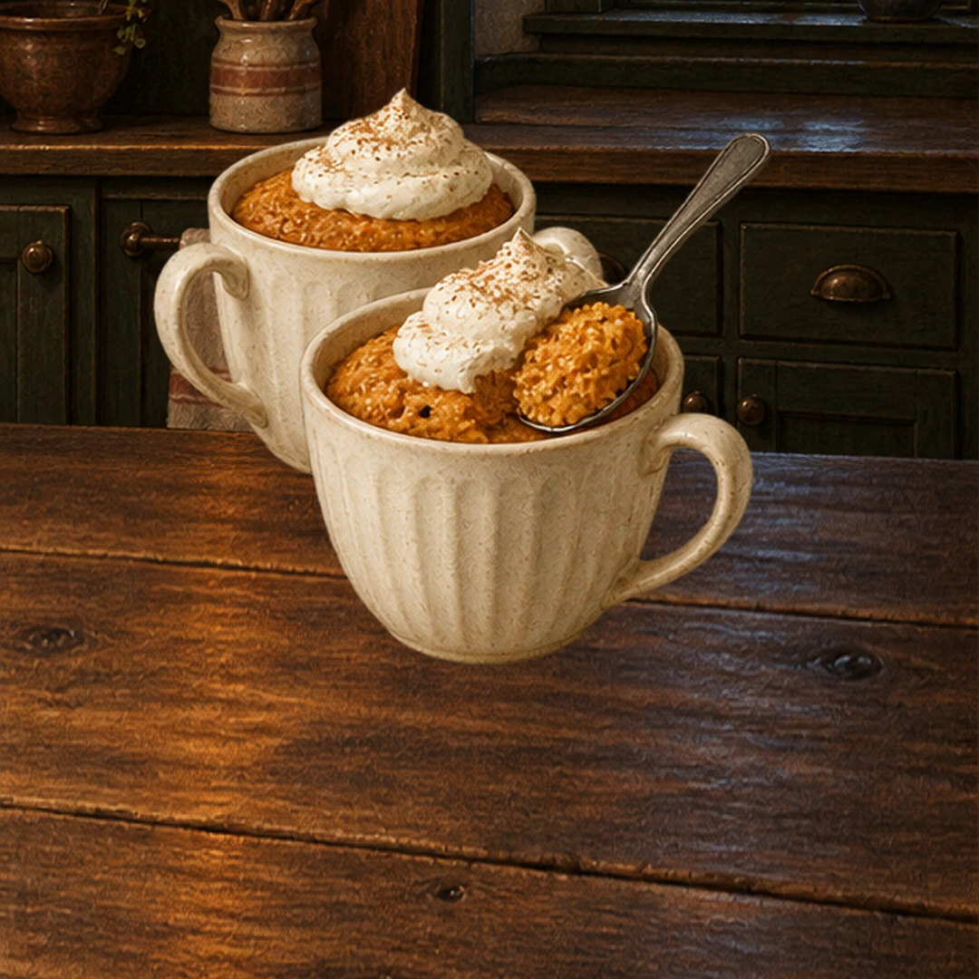 Pumpkin Mug Cakes in an illustrated Halloween setting.