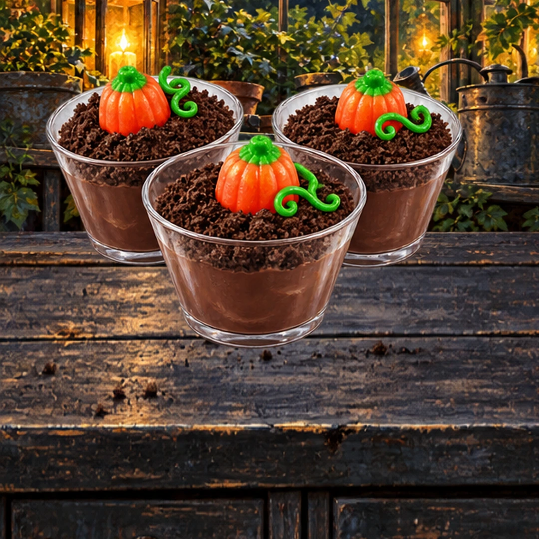 Pumpkin Patch Dirt Cups in an illustrated Halloween setting.