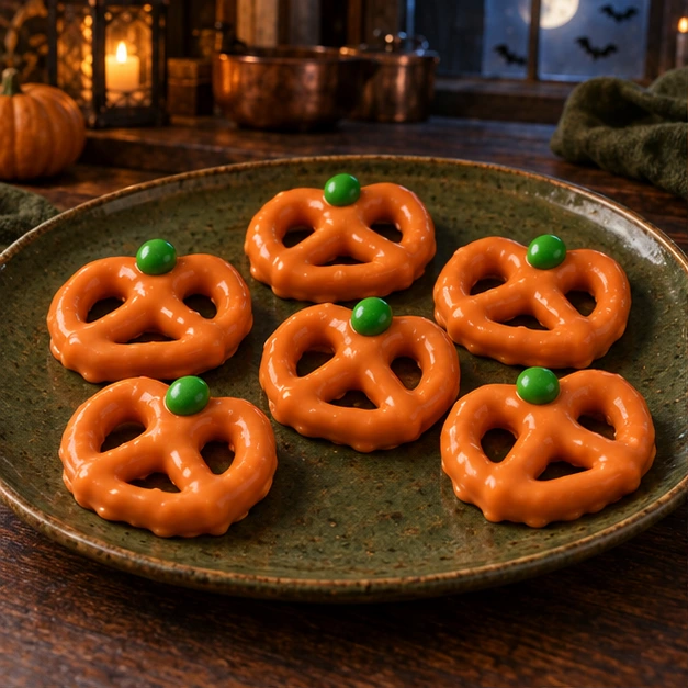 Orange-coated mini pretzel twists with green candy stems on an olive platter in a lantern-lit Halloween kitchen.