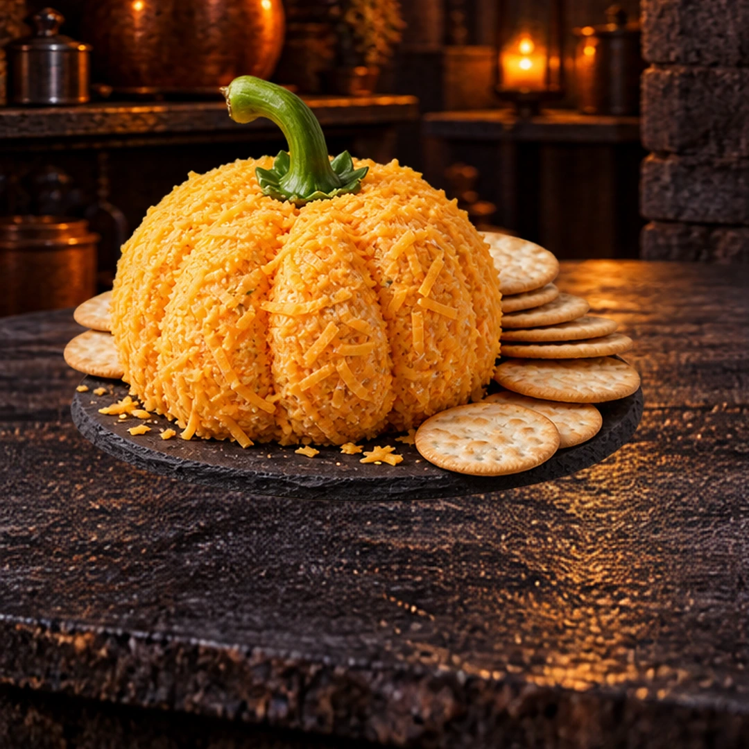 Pumpkin-Shaped Cheese Ball in an illustrated Halloween setting.