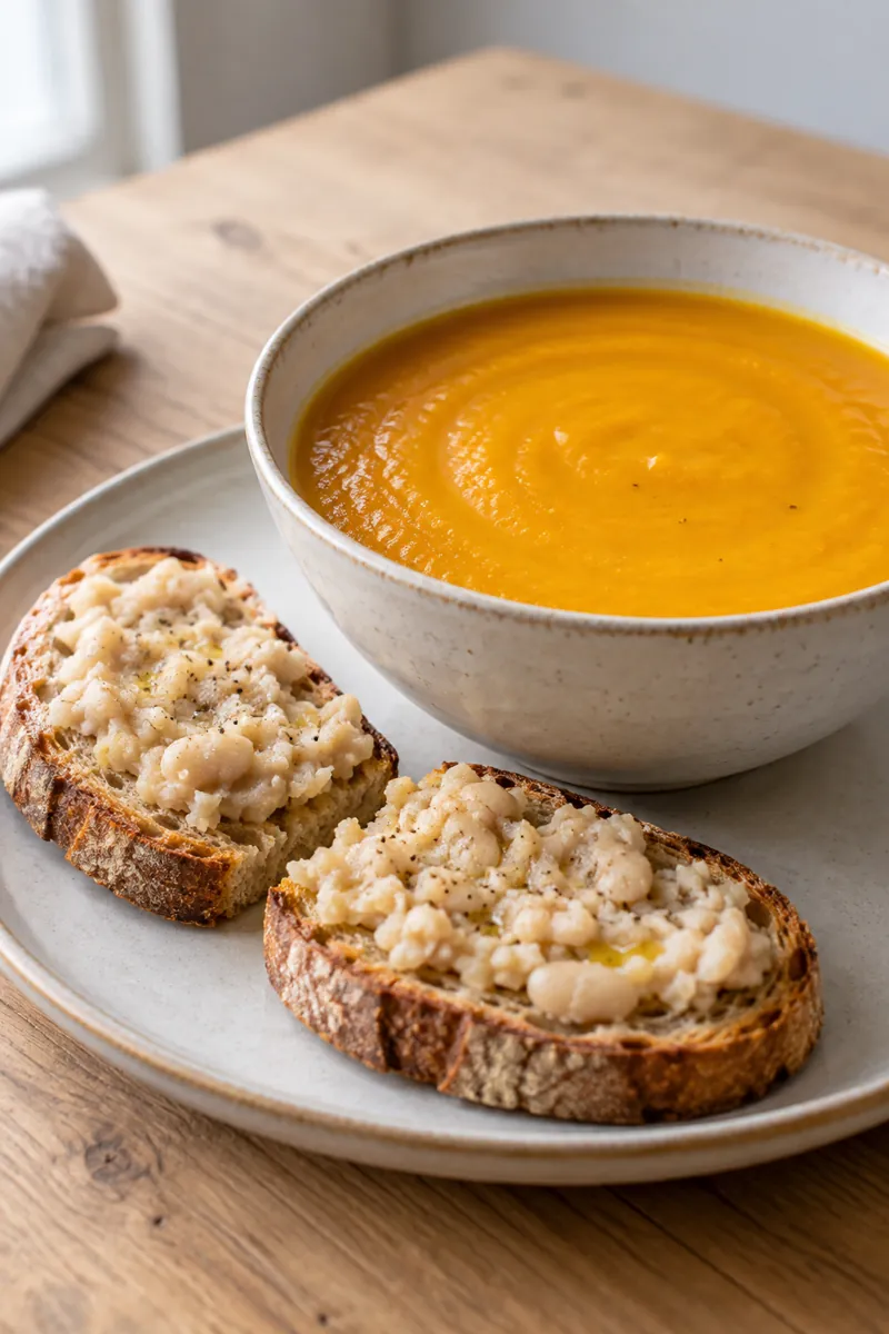 Pumpkin soup with smoked paprika and bean toast