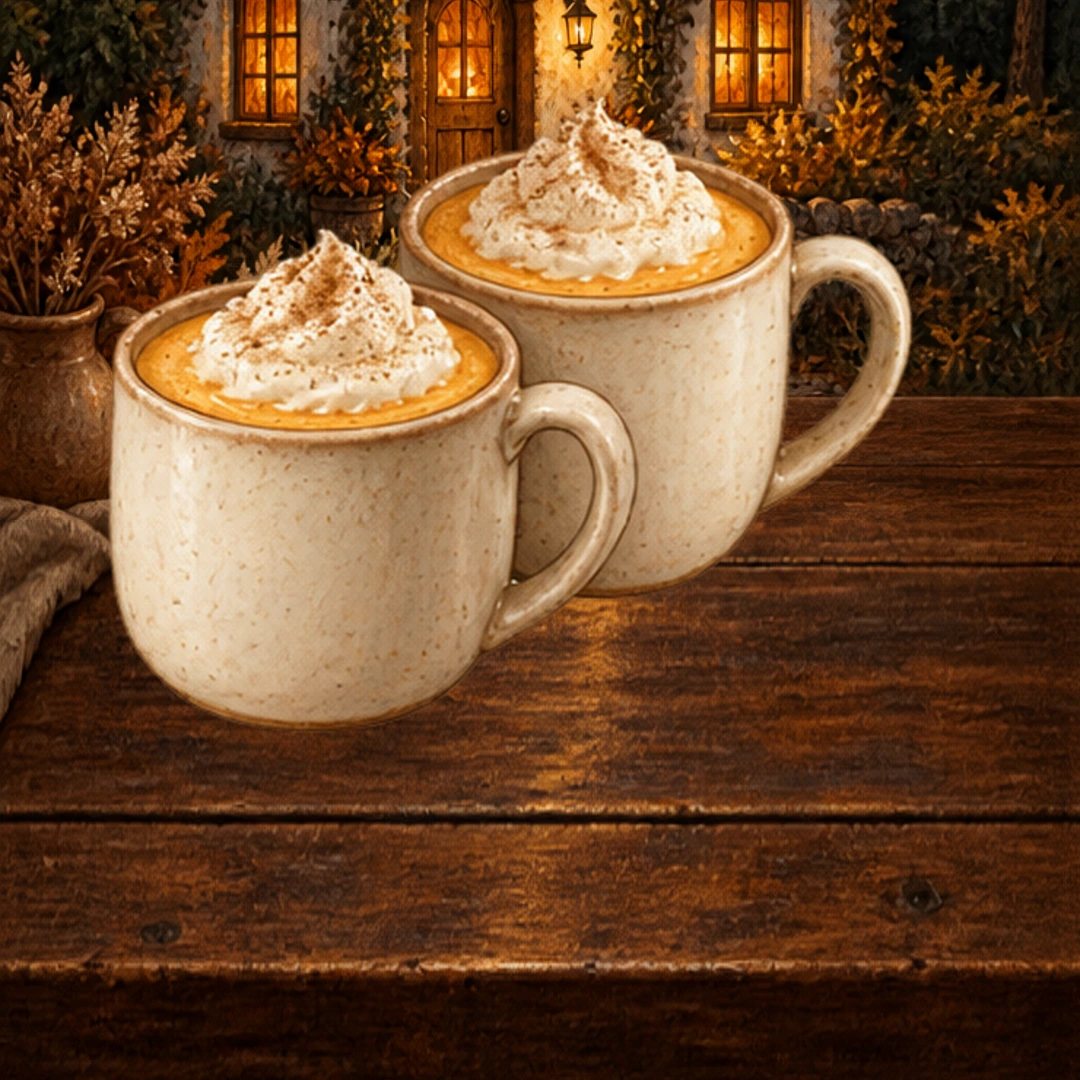 Pumpkin White Hot Chocolate in an illustrated Halloween setting.