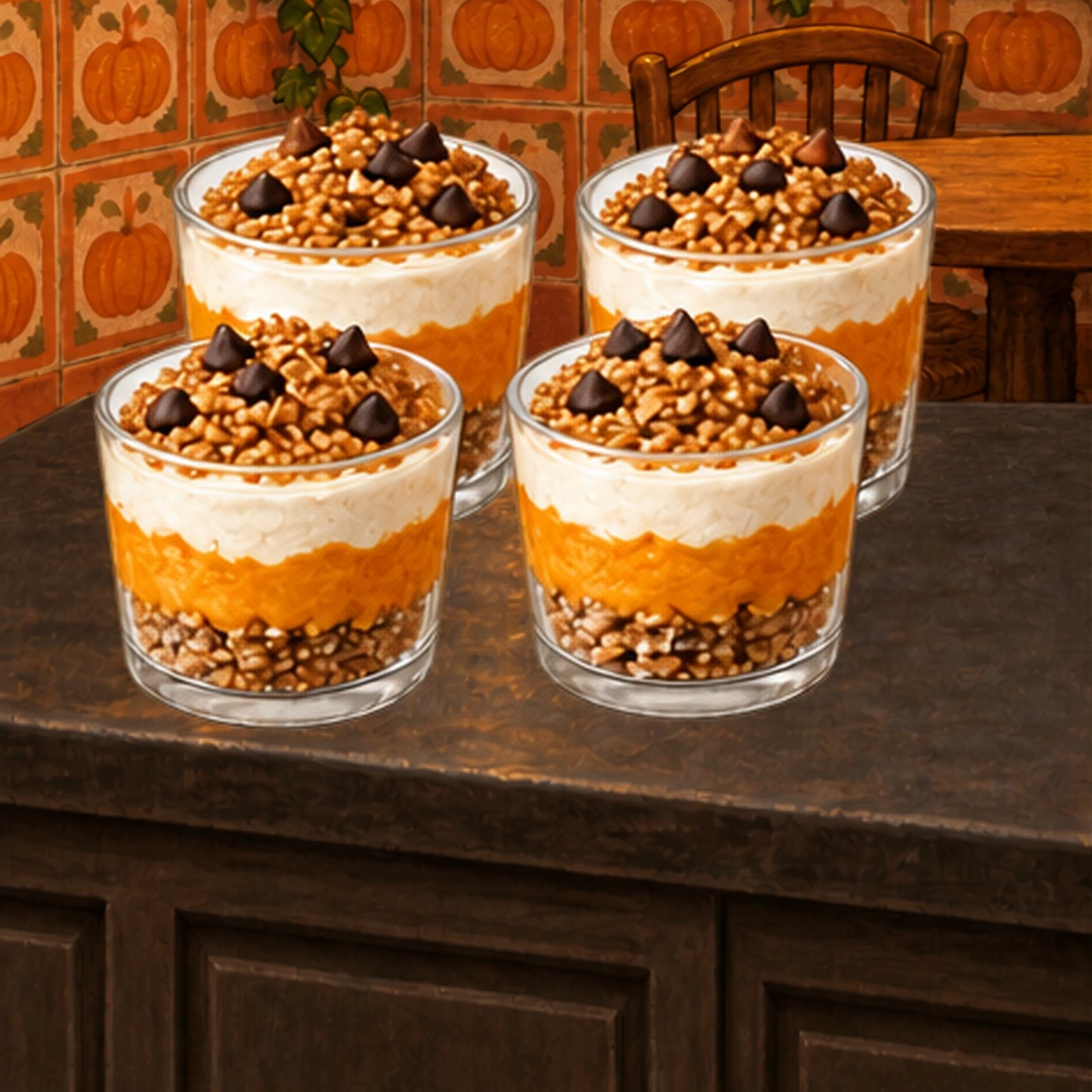 Pumpkin Yogurt Parfaits in an illustrated Halloween setting.